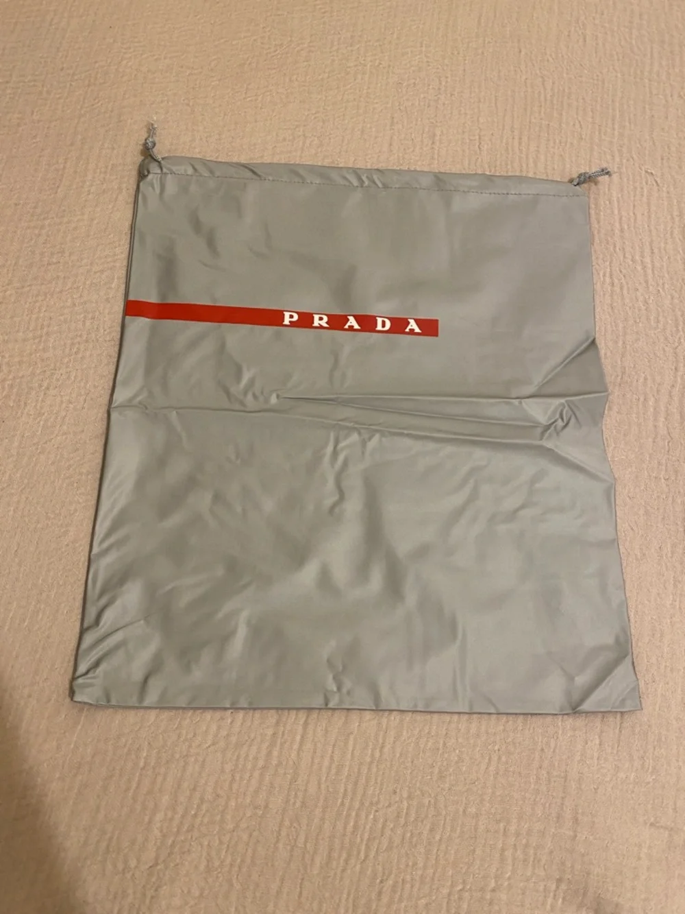 Prada Light Gray Nylon Drawstring Dust Bag with Red Logo Stripe